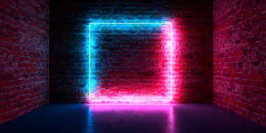 Futuristic Sci Fi Elegant Modern Neon Glowing Rectangle  In dark empty grunge concrete brick room. 3D Rendering 