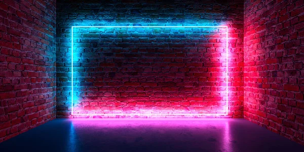Futuristic Sci Fi Elegant Modern Neon Glowing Rectangle  In dark empty grunge concrete brick room. 3D Rendering