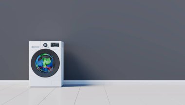 Washing machine with clothes inside standing on a tile against a gray background. 3d render
