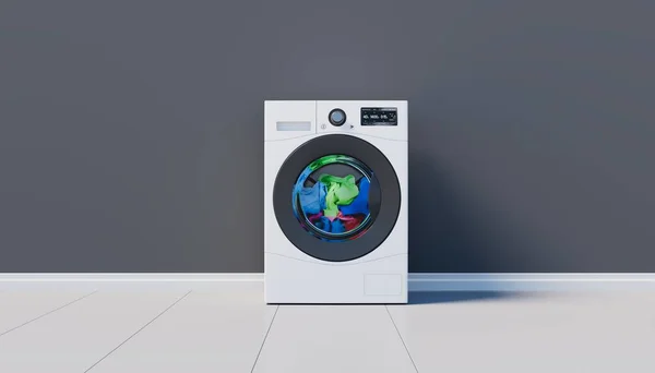 Washing Machine Clothes Standing Tile Gray Background Render — Fotografie, imagine de stoc
