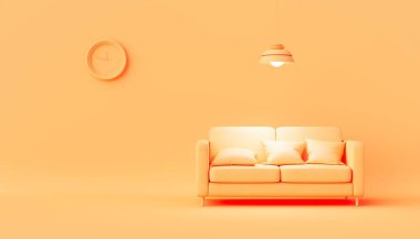 Interior of the room in plain monochrome pastel  color with furnitures and room accessories. Light background with copy space. 3D rendering 