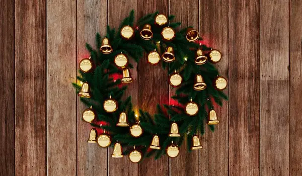 Christmas Wreath Hanging Wooden Door Rendering — Stockfoto