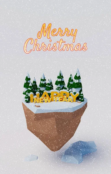 Christmas background. Low poly Christmas trees, snow and congratulatory inscriptions. 3d rendering