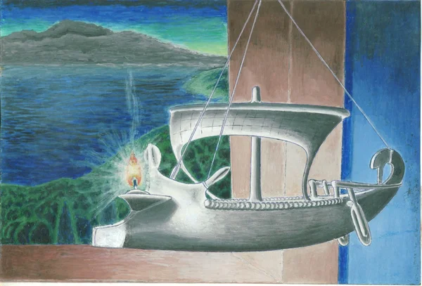 Antike griechische Öllampe, das Schiff Helios — Stockfoto