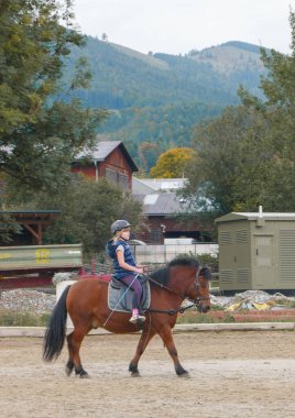 Avusturya 'da bir çiftlikte güzel atlar. Küçük kız binicilik sporlarına gidiyor. Çocuk ata biniyor..