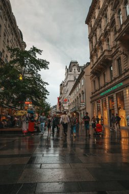 Viyana, eski şehir merkezi. Akşam Viyana yağmuru, şehrin merkez caddeleri ve manzarası. Viyana 'da Yağmur.