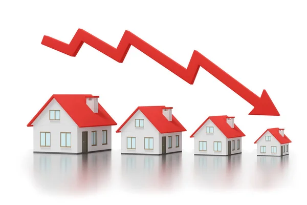 House prices falling concept. Declining real estate price graph red arrow - 3d rendering