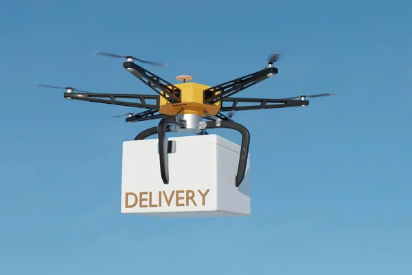 Delivery drone with cargo container in the sky - 3D rendering