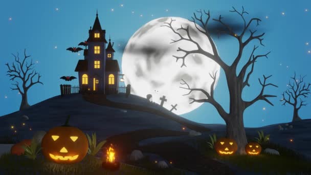 Beelden Voor Halloween Naadloze Lussen Video Met Angstig Huis Pompoenen — Stockvideo