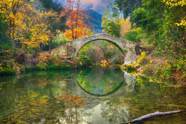 チューブ フランスのアルプ マリティーム県サン セゼール シュル シアーニュ付近の黄色の秋の森に囲まれたシアーニュ川に架かる古代ローマ時代の石造りの橋 — ストック写真