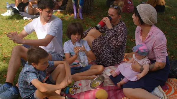 Pique-nique temps libre compagnie enfants accueille ami avec joyeux câlins pique-nique dans le parc — Photo