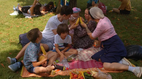 Velká rodina se baví na pikniku v městském parku. Interagují s přítelem.. — Stock fotografie