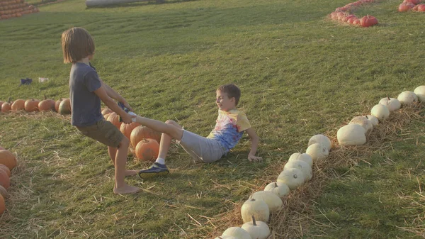 Byns pojkar leker på gården. pumpa säsong, aktivt spel på landsbygden — Stockfoto