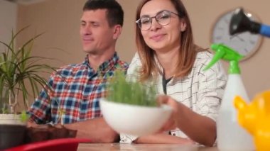 Kadın elinde bitkilerle tabağı tutuyor. Genç filiz, taze yemek.