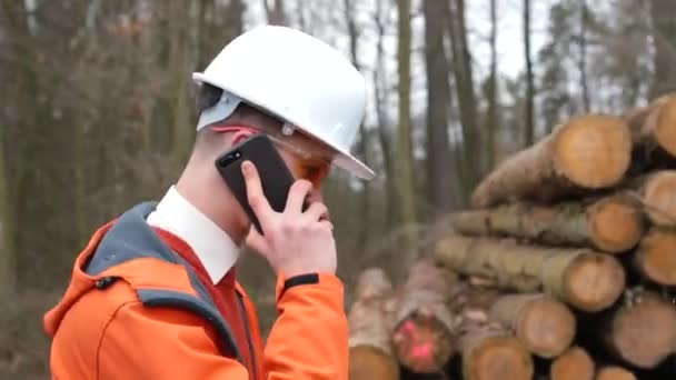 A male manager at the cash desk talking on the phone at a logging site. — Stock Video