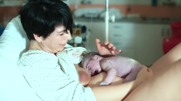 Мама держит новорожденную грудку после родов. Контакт с кожей, обмен бактериями — стоковое видео