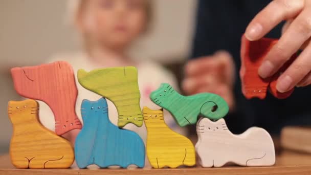 Nahaufnahme von Holzspielzeug, Hand legt ein Stück Holz in Holzspielzeug — Stockvideo