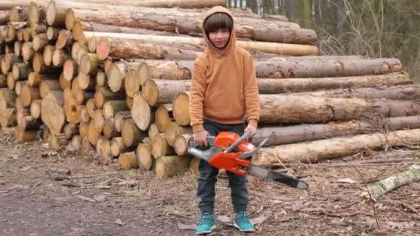 Retrato de rapaz com uma motosserra, troncos de pinheiro empilhados. Ajuda criança escolher uma carreira. — Vídeo de Stock