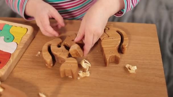 Menina coleta quebra-cabeça de madeira na mesa com as mãos Lógica jogo Montessori escola — Vídeo de Stock