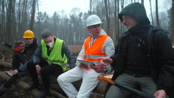 Menedżer w kasku trzyma tabletkę w rękach, wykonuje obliczenia zbioru drewna. — Wideo stockowe