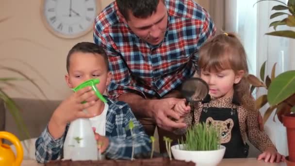 Père enseigne les plantes de soins aux enfants Les enfants examinent les plantes arrosez-les d'eau — Video