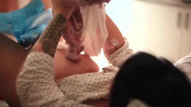 La mujer sostiene al bebé recién nacido en brazos. Ella lo pone intercambio estomacal de bacterias — Vídeos de Stock