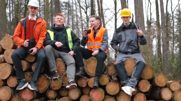 Grupo de descanso trabajadores aserradero. Se sientan en troncos apilados Vierte té, fuma — Vídeos de Stock