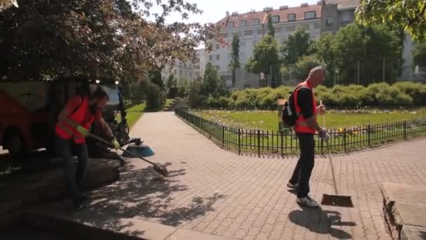 Straatreiniging in het stadspark. Werknemers vegen de grond met borstels. — Stockvideo
