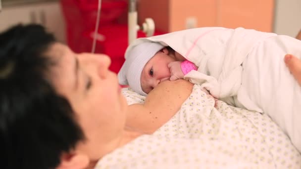 A nő szoptatja az újszülöttet. Első érintkezés anyával, természetes táplálkozás. — Stock videók