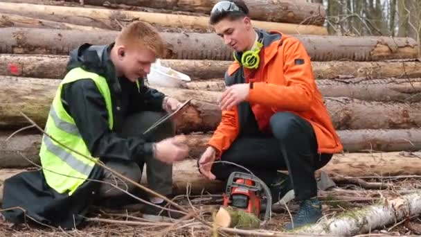 Ze bespreken de kwaliteit van het hout. Conflictsituatie. — Stockvideo