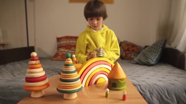 Kreatives Öko-Holzspielzeug für Kinder aus Bio-Holz. Umweltfreundliches Spielzeug. — Stockvideo