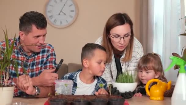 땅에 심을 화초를 준비하는 가족 이 딸에게 화초를 보여준다, — 비디오