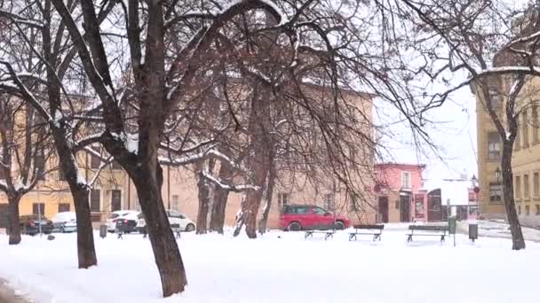 Chute de neige dans la rue en hiver. Parking près de la maison. Urbanisme Prague. — Video