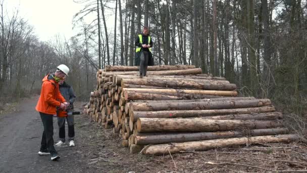 De manager geeft les aan studenten die beginnen met zagen loggen. Hij houdt gereedschap in handen, start de motor. — Stockvideo