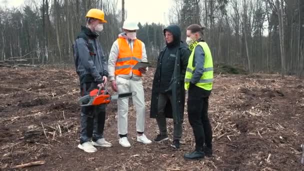 Une équipe de bûcherons se tient dans la forêt. Ils tiennent des outils dans leurs mains. — Video
