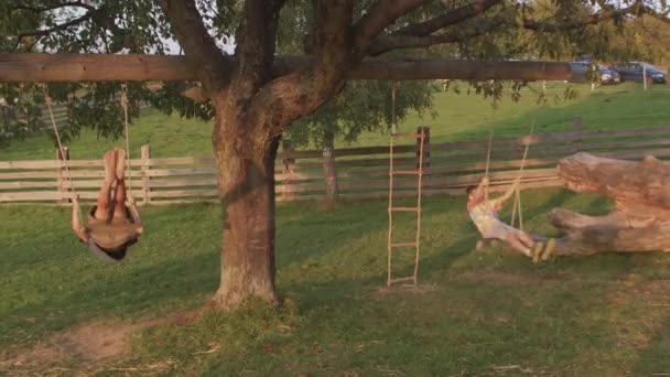 Rapazes a brincar num baloiço de corda. Atividades ao ar livre saudáveis na aldeia. Jogos crianças. — Vídeo de Stock