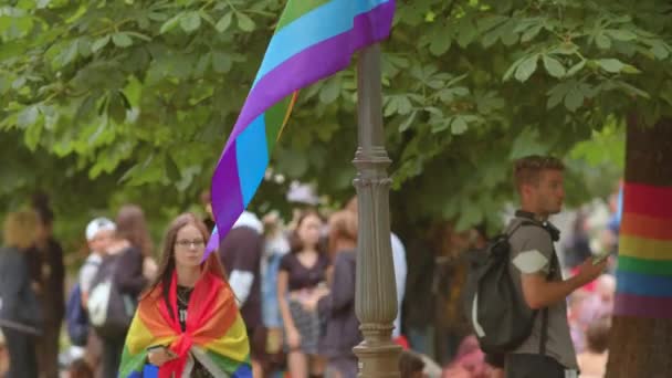 Jente innpakket i et LHBT-flagg finner sted på en festival underveis – stockvideo