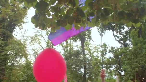 LGBT ve AB bayrağı sakallı adam şehir ovasında halk gösteri sembolünde — Stok video