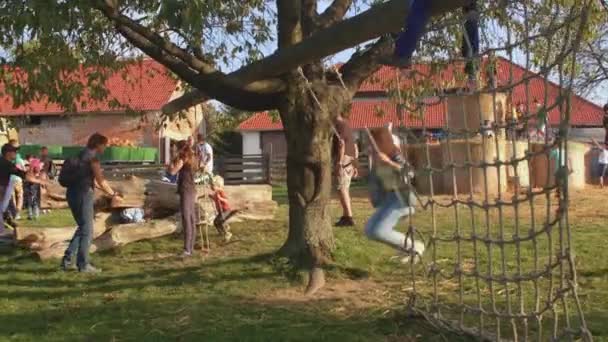 周末与孩子们在农村的活动。人们在户外玩荡秋千. — 图库视频影像