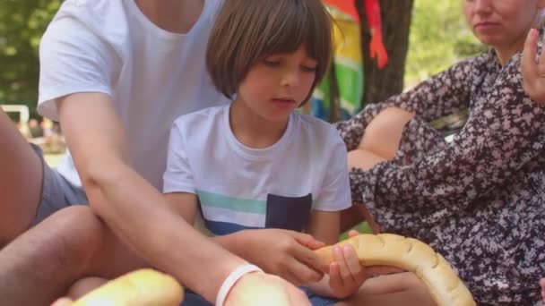 Un niño come una baguette durante un picnic familiar. El verano es para comer al aire libre. — Vídeo de stock