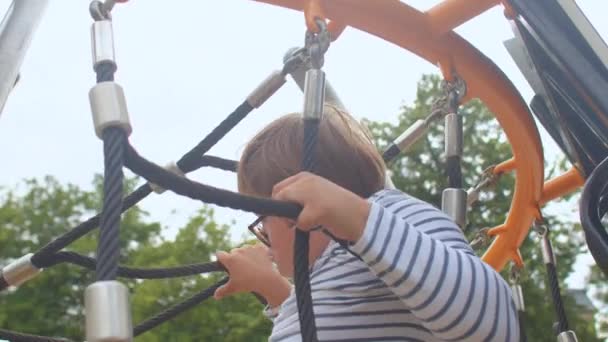 Menino síndrome de Down usando a força faz o seu caminho ao longo das cordas do playground. — Vídeo de Stock
