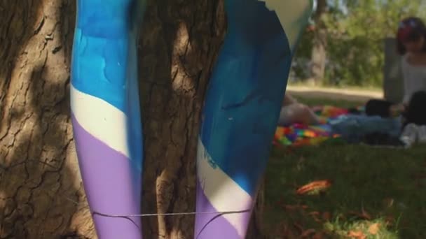 Mannequin geschilderd in de kleuren van de regenboog staat in het park. LGBT-concept. — Stockvideo