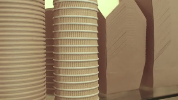 Помістіть склад для одноразових тарілок і чашок в ресторан . — стокове відео