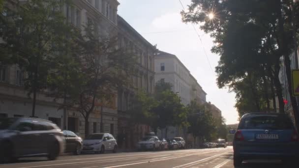 Mouvement de tramway le long de la rue en ville Transport passagers — Video