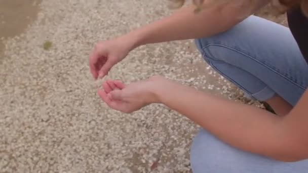 Μοναχική κοπέλα συλλέγει πέτρες στην παλάμη της. Άγχος μετά το χωρισμό του φίλου. — Αρχείο Βίντεο