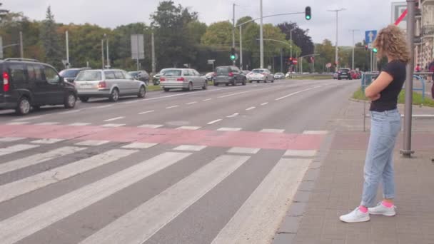 Een vrouw wacht op een verkeerslicht dat de weg van een auto mag oversteken. — Stockvideo