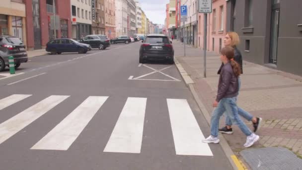 Mam en dochter steken de weg over. Ze gebruiken zebrapad in de stad. Veilig verkeer. — Stockvideo