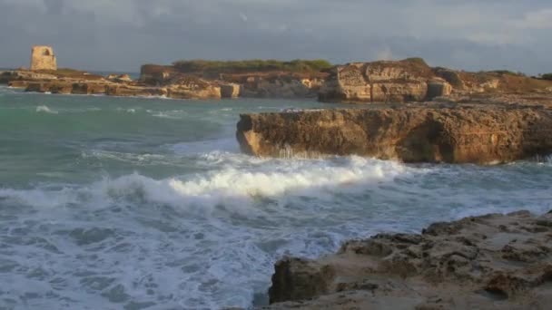 Deniz taşlara karşı dalgalar oluşturur. Su kıyıya vurur, sprey püskürtür. — Stok video