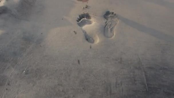 Bare voeten laat voetafdrukken op zandstrand man beweegt op wandeling langs de kust. — Stockvideo