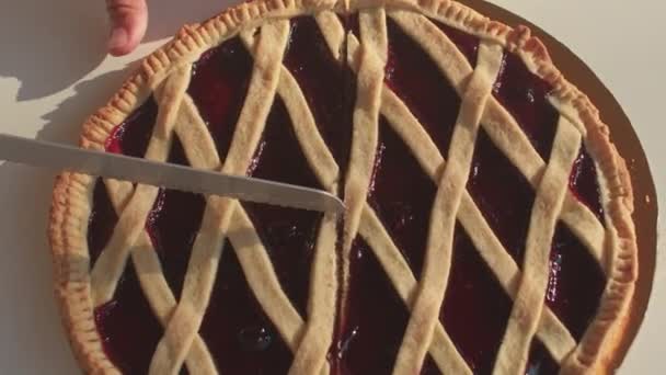 Knife cuts burgundy jam pie. Baked dough strips on the surface. Italian crostata. — 图库视频影像